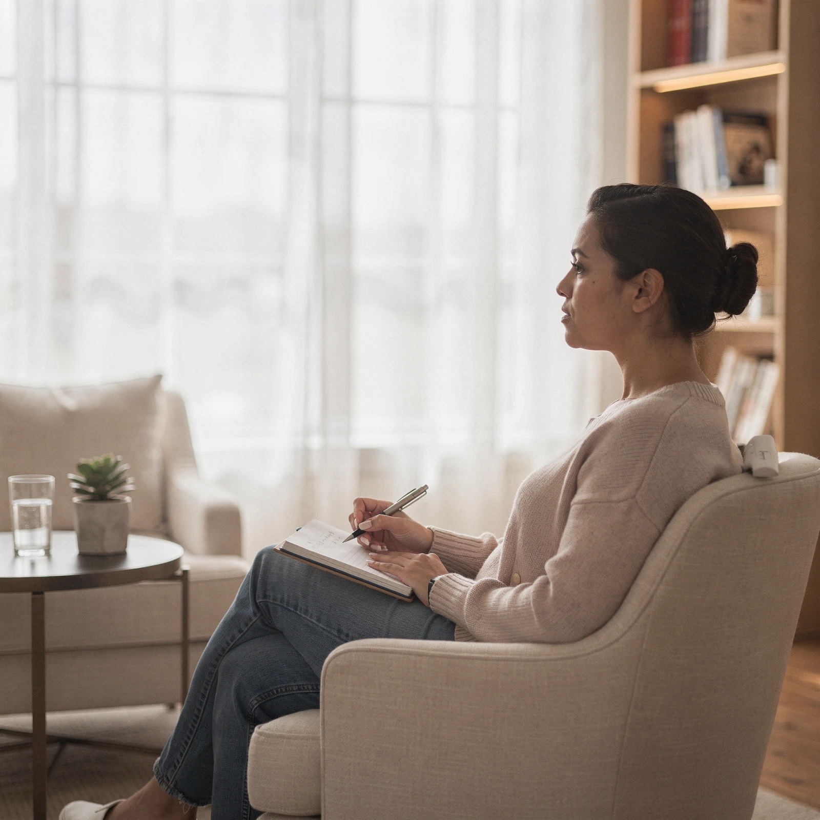 Woman in a beige cardigan writing in a notebook while seated in a therapy office chair near a bookshelf